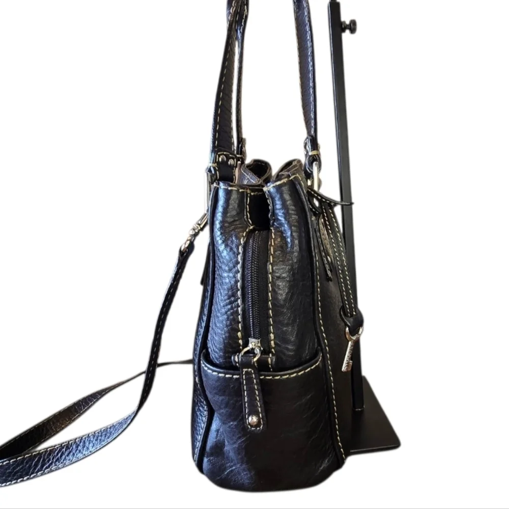 Fossil Black Pebbled Leather Multi Compartment Satchel Shoulder Bag
